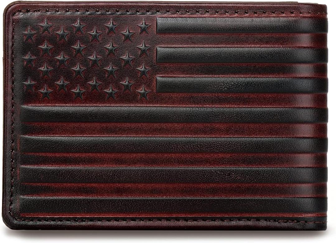 Pefiam Full Grain Leather Wallets for Men, Bifold Wallets for Men, Mens Leather Wallets with 12 Slots, RFID Blocking, Gifts for Men (USA Flag, Red)