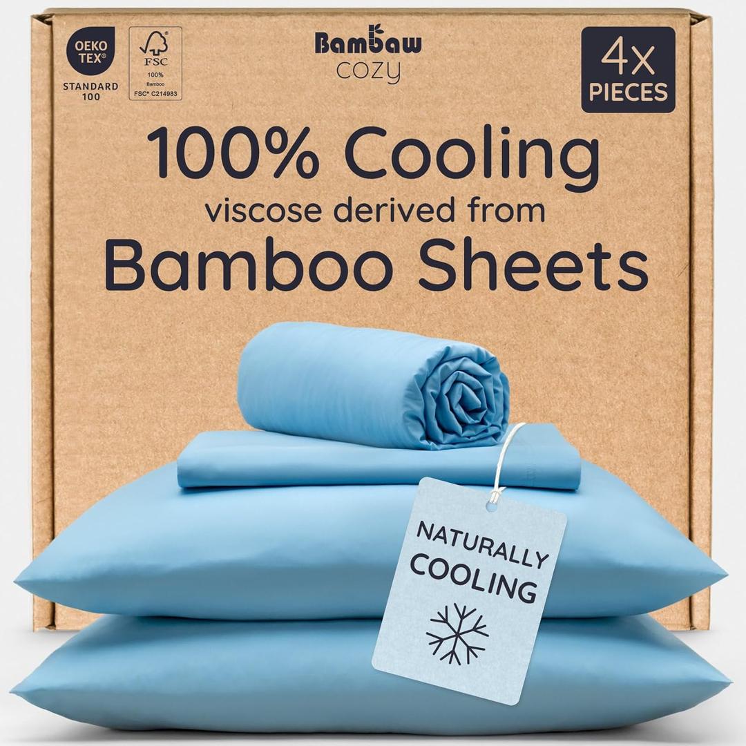 Bambaw Queen Sheet Set 4pcs 100% Viscose Derived from Bamboo Sheets Queen Size Bed Set, Breathable Sheets Fits Up to 16'' Deep Pocket, Queen Cooling Sheets for Hot Sleepers (Dream Blue)