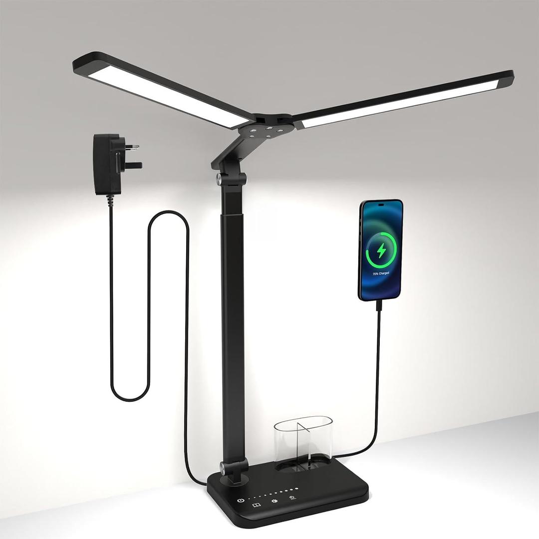 Woputne LED Desk Lamp, Dual Heads, Height Adjustable, USB Charging Port, 5 Light Modes & Dimmable Brightness, Bedside Lamp for Reading, Craft, Work, Study (Black, 15W) (large 57cm tall)