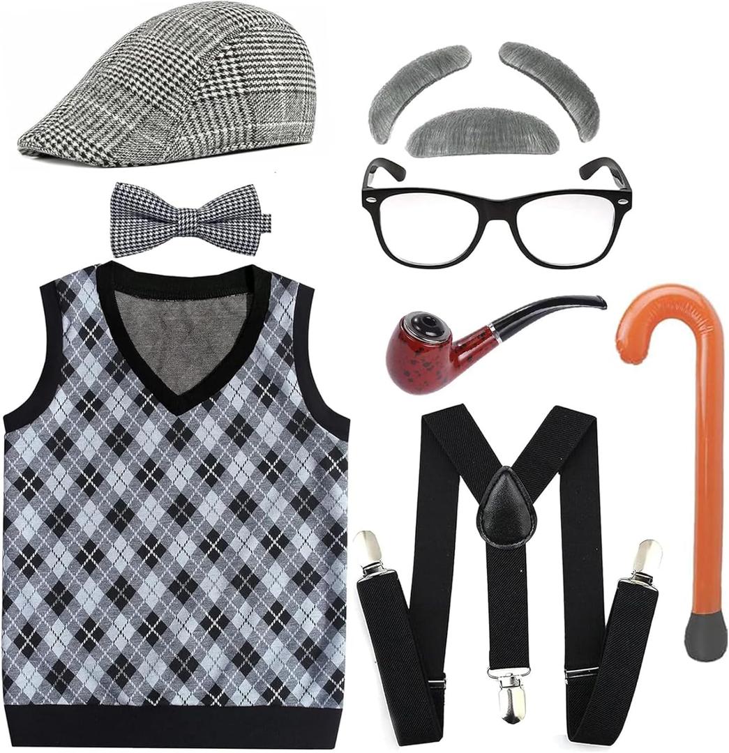 Kids 100 Days School Old Man Costumes Halloween Costume Dress up Outfit Accessories (8-10Year, Black)