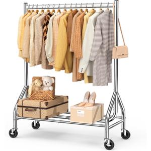 EAGMAK Heavy Duty Clothes Rack Load 420 LBS, Rolling Garment Rack with Lockable Wheels, Standing Metal Clothing Rack with Shelves, Portable Wardrobe Rack Sturdy Coat Rack for Hanging Clothes (Silver), 43.3″×18.9″×63″