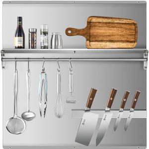 Wilprep Range Backsplash, 30"x30" Stainless Steel Backsplash with Storage Shelf & Magnetic Knife Rack, Range Hood Stainless Steel Backsplash for Stove, Range Hood Wall Shield with Pre-Drilled Holes