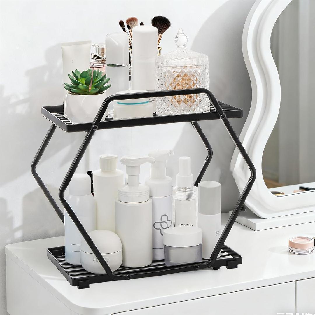 Metal Perfume Organizer for Dresser, 2 Tier Black Bathroom Counter Organizer, Large Capacity Makeup Organizers for Vanity Bathroom, Bedroom, Skincare Cosmetic Display Tray Rack Holder