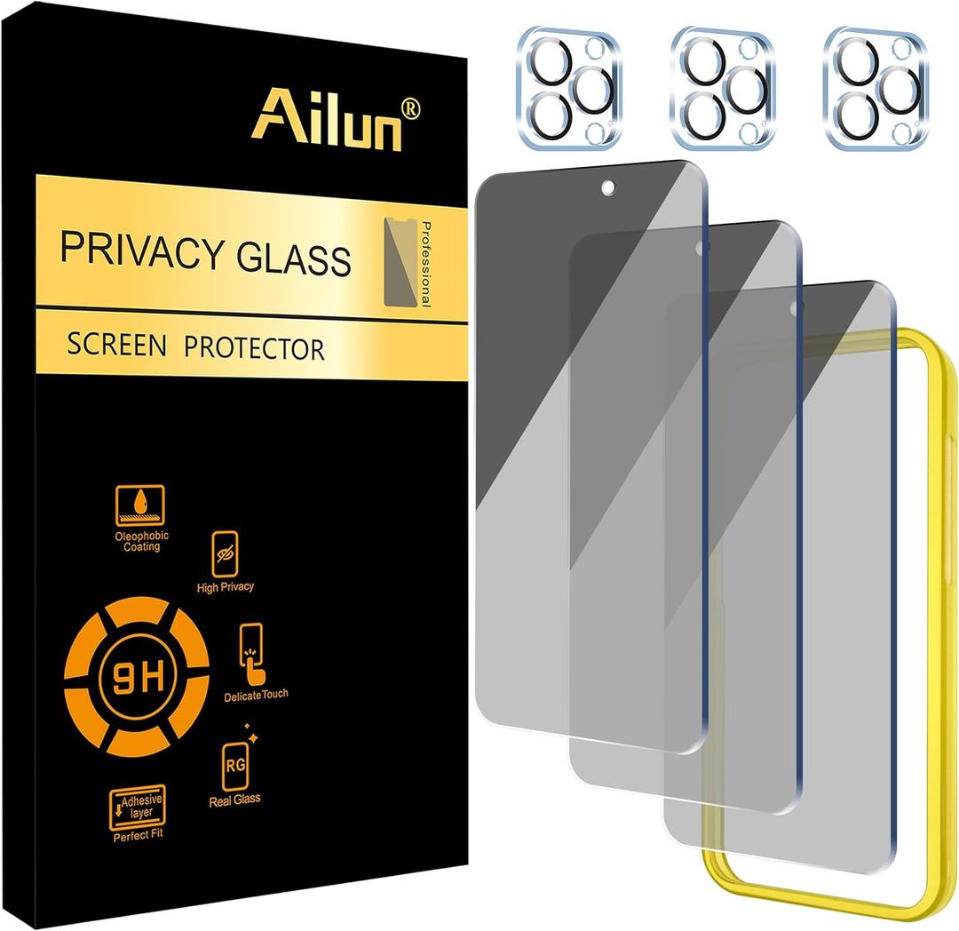 Ailun 3Pack Privacy Screen Protector for iPhone 15 Pro [6.1 inch]+3Pack Camera Lens Protector with Installation Frame, Dynamic Island Compatible, Anti Spy Private Tempered Glass[9H Hardness]-HD