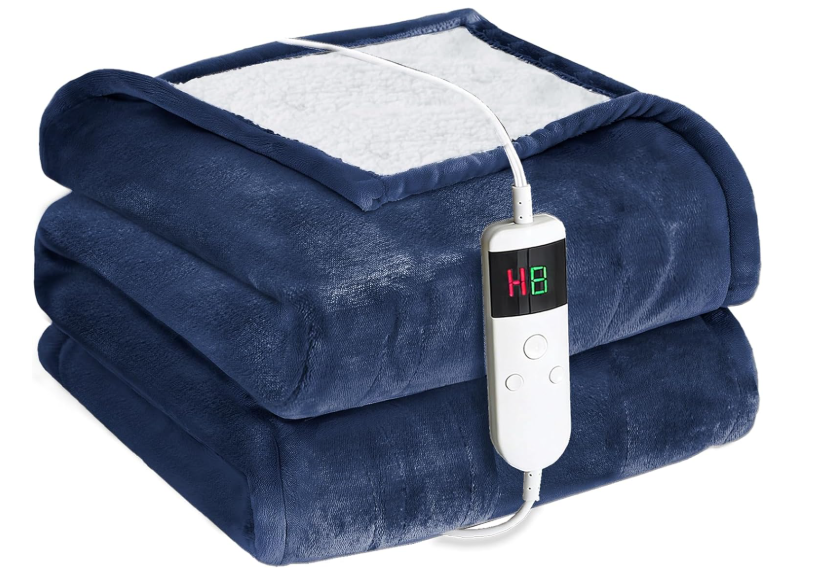 Electric Heated Blanket Throw Size 50''x60'' Soft Flannel & Sherpa Electric Blanket with 10 Heating Levels, Automatically Shut Down After 8h with Overheat Protection Machine Washable (Blue)