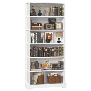 TVU 6-Tier Wooden Bookshelf, 77.2" Tall Farmhouse Style Open Bookcase, 31.5" W Standing Bookshelf with Storage, Suitable for Study, Living Room, Office, White