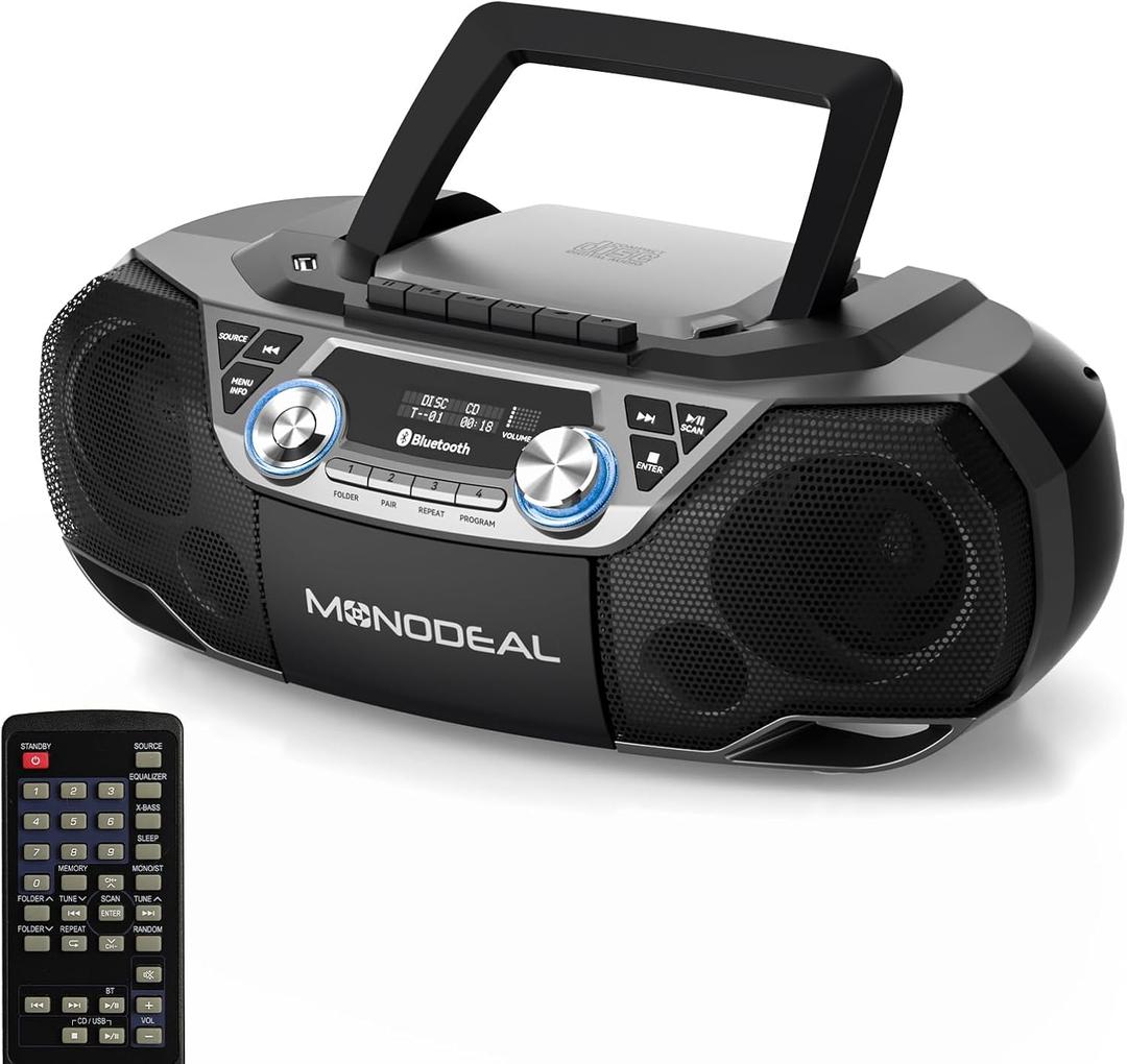 MONODEAL CD Player & Cassette Tape Player with Bluetooth, Powerful Stereo CD Player Boombox with X-BASS,CD and Cassette Player Combo,FM/USB/AUX & Remote, Tape Recording, Sleep Timer, AC/DC Powered