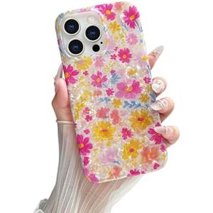 Yeddabox for iPhone 15 Pro Max Case Floral, Cute Shell Pattern Flower Cover Soft TPU Slim Shockproof Phone Case for Women Girls, Pink Yellow