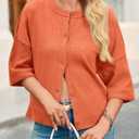 Saodimallsu Womens 3/4 Sleeve Cardigan Sweaters Button Down Crewneck Knit Cropped Tops Casual Fall Outerwear Orange (Orange, XL)