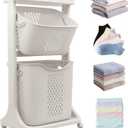 ALSO GO 2-Tier Household Laundry Hamper Sorter, White Removable Laundry Baskets, Portable Rolling Freestanding Plastic Laundry Hamper with 4 Wheels for Organizing Clothes, for Home, Bathroom, Dorm