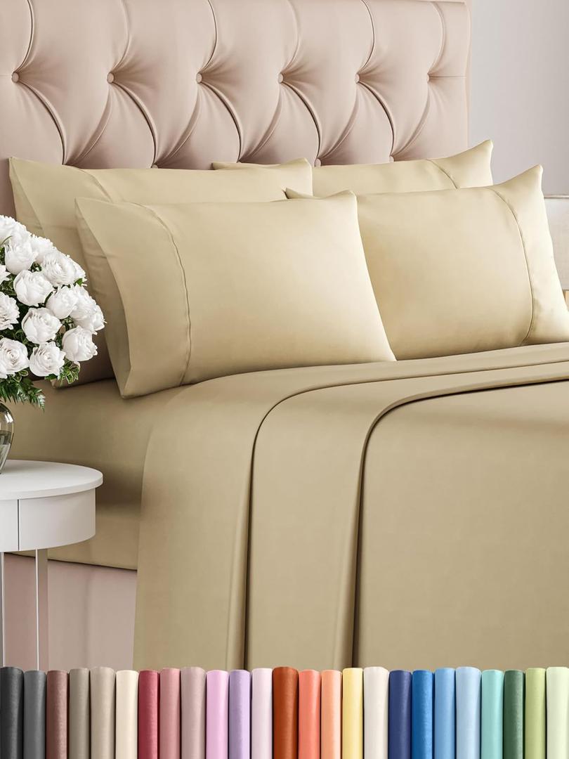 King Sheets Set 6 Piece - Includes 4 Pillowcases - Bed Sheets King Size - Soft Hotel Luxury Bedding - Cooling, Comfy, Fade Free & Breathable - 1 Flat & 1 Fitted & 4 Pillowcases w/ Deep Pockets - Beige King Sheets Set 6 Piece - Includes 4 Pillowcases - Bed Sheets King Size - Soft Hotel Luxury Bedding - Cooling, Comfy, Fade Free & Breathable - 1 Flat & 1 Fitted & 4 Pillowcases w/ Deep Pockets - Beige
