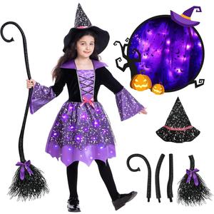 Poshetion Glow in the Dark Witch Costume for Girls  Toddler Halloween DressUp with Broom, Hat & Glowing Effect (810 M),Purple