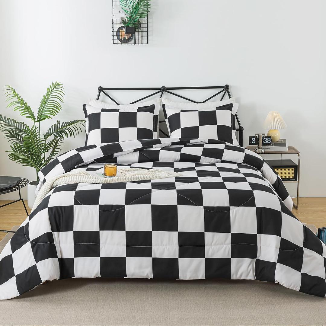 Caressma Black White Comforter Set Full Size, 3 Pieces Buffalo Plaid Comforter Bedding Set, Checkered Grid Fluffy Home Decor for All Seasons