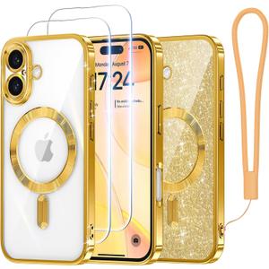 Meifigno Case Designed for iPhone 16 6.1 inch, [Compatible with MagSafe] [2X Screen Protectors] [Glitter Card & Wrist Strap] Surround Lens Protection Designed for iPhone 16 Case Girls, Gold