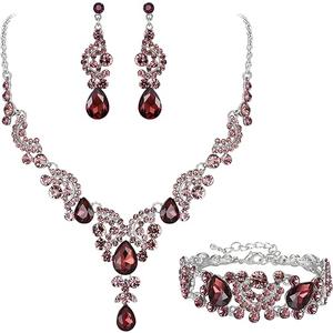 EVER FAITH Rhinestone Crystal Bridal Art Deco Floral Wave Teardrop Necklace Earrings Bracelet Jewelry Set (Purple Silver-Tone)