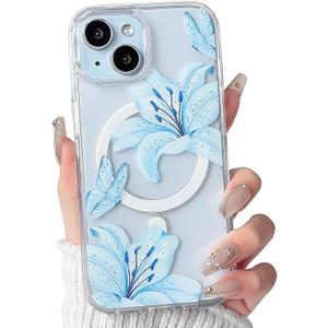 NITITOP Compatible with iPhone 15 Case Clear Magnetic Compatible with MagSafe Cute Lily Flowers Floral for Women Girls Hard PC Back Shockproof Protective Phone Cover - Blue