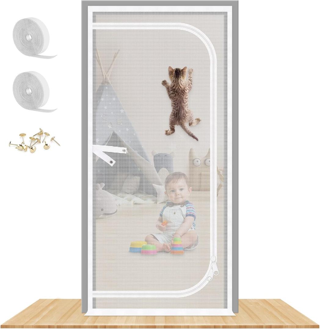 Reinforced Cat Screen Door, 32X82 Heavy Duty Pets Proof Screen Door with Bilateral Zipper, Prevent Dogs Cats Running Out from Home, Bedroom, Living Room, Kitchen Patio Door