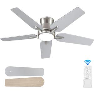 42 Inch Ceiling Fans With Lights and Remote, Brushed Nickel Flush Mount Low Profile Ceiling Fan for Bedroom, Living Room, Patio, Dimmable 6 Speeds Noiseless Reversible, ETL Listed