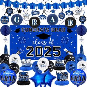 DAZONGE Blue Graduation Decorations 2025, Grad Party Decorations Set, Class of 2025 Backdrop, Honeycomb, Balloons & Hanging Swirl Kit, Graduation Party Supplies for Any Grade