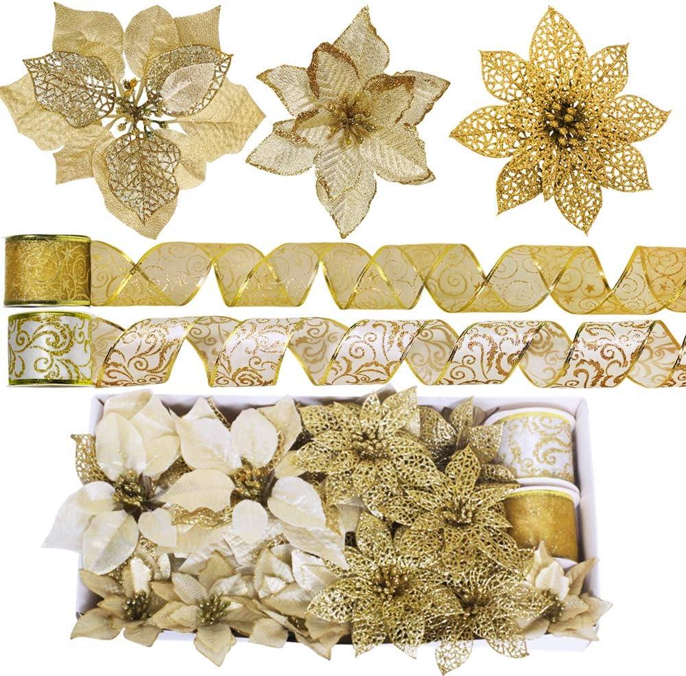 Winlyn 26 Set 3 Style Christmas Gold Glitter Poinsettia Flowers Picks Xmas Tree Ornaments and 20 Yards Decorative Gold Glittered Wired Ribbon for Christmas Tree Wreaths Garland Holiday Dcor