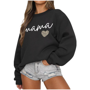 LEEDYA Women Long Sleeve Mama Sweatshirts Crewneck Casual Fall Pullover Tops Oversized Knit Mom Sweater (M, Black)