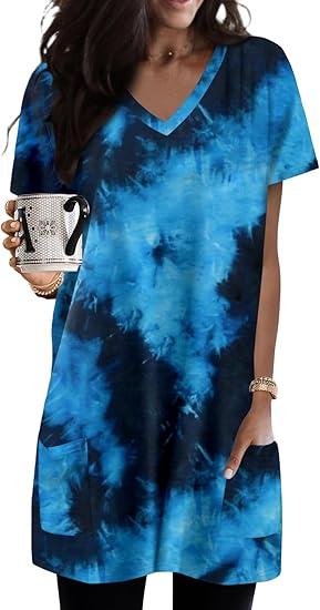 Womens Summer Tunic Tops for Leggings Casual Short Sleeve Long Shirts with Pockets (B-blueblack, XX-Large)