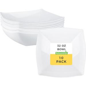 Restaurantware Moderna 32 Ounce Fancy Plastic Bowls 10 Square Disposable Salad Bowls - Durable Heavy-duty White Plastic Bowls For Warm And Cold Foods