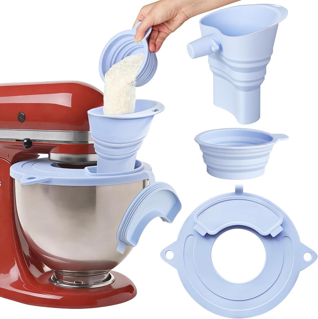 Silicone Bowl Cover with Flour Funnel for Kitchen Aid Mixer, Kitchenaid Bowl Cover for KitchenAid 4.5-5 Qt, Foldable Kitchen Funnel and Silicone Cup,Dishwasher Safe,Blue