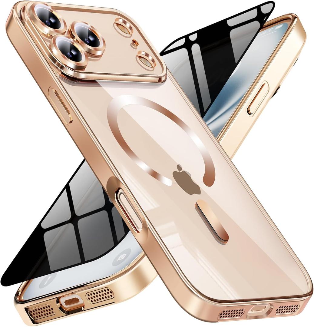 Magnetic for iPhone 17 Pro Case with Privacy Screen Protector & Full Camera Cover,[Non-Yellowing] Shockproof Clear Phone Case Compatible with MagSafe Women Girls for iPhone 17 Pro,Gold