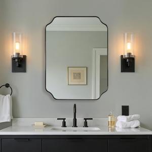 MIRRORART 22x30 Black Scalloped Bathroom Mirror for Wall, Contemporary Rounded Notched Corner Rectangle Mirrors in 1 Stainless Steel Metal Frame Wall Mounted Vertical/Horizontal for Home Decor