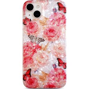 Qokey for iPhone 15 Plus/14 Plus Case 6.7 Inch - Floral Design Protective Slim Cover, Shockproof Phone Shell for Women, Soft Flexible Lightweight Non-Yellowing - Pink Rose Butterfly