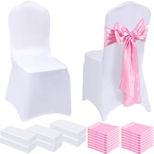 Mepase 100 Pcs White Chair Covers Set with 50 Stretch Spandex Chair Covers 50 Chairs Sashes Bows Universal Fitted Cover Removable Washable for Wedding Party Dining Banquet(White, Pink)