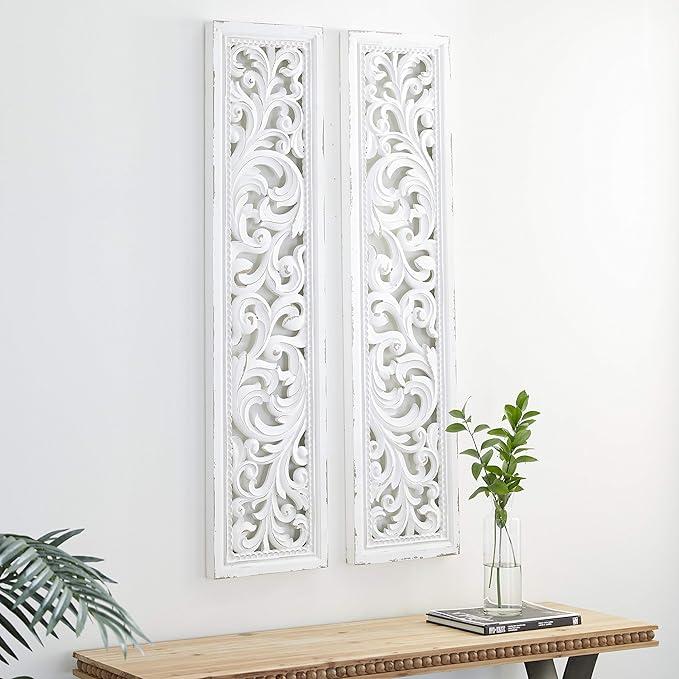 Deco 79 Wood Floral Home Wall Decor Intricately Carved Scroll Wall Sculpture, Set of 2 Wall Art 12"W, 50"H, White