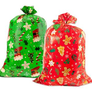 OuMuaMua 2pcs Large Christmas Gift Bags, Jumbo Holiday Drawstring Gift Bags 36" x 49" Giant Plastic Reusable Present Wrap Bags with Cards for Big Xmas Presents Party Decorations Holiday Gift Giving (1 Count (Pack of 2))