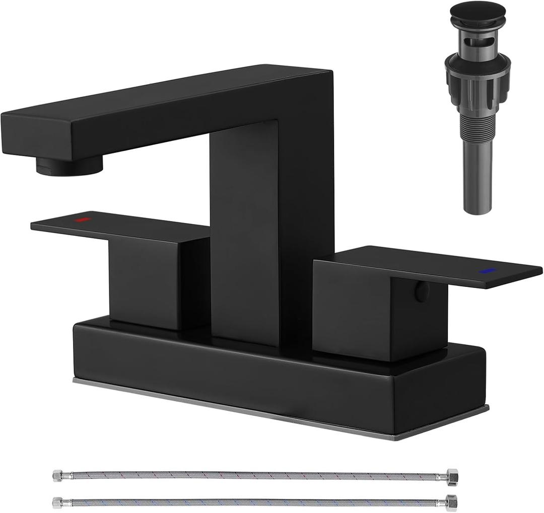 4 inch Bathroom Sink Faucet Matte Black Centerset Bathroom Faucets for Sink 2 or 3 Hole with Pop-Up Drain & Supply Lines, 304 Stainless Steel 2-Handle RV Restroom Faucet