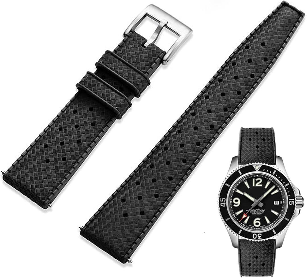 FKM Rubber Watch Strap Quick Release Tropical Style Fluororubber 18mm 19mm 20mm 21mm 22mm Soft Breathable Durable FKM Rubber Watch Band Universal Replacement Band Strap for Men Women (Black)