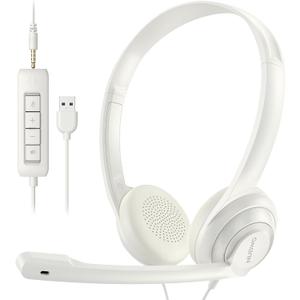 NUBWO HW02 USB Computer Headset with Clear Chat Microphone, Lightweight On-Ear Wired Headset for MS Teams, Skype, Webinars, Call Center and More -White