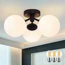 3 Light Mid Century Modern Black Semi Flush Mount Ceiling Light - Milk Glass Globe Sputnik Chandelier Fixture for Bedroom, Living Room, Hallway, Entryway (Opal-Black)
