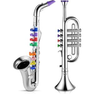 Lewtemi Set of 2 Musical Instruments Include Toy Trumpet and Saxophone Set Plastic Trumpet Educational Christmas Toy Home School Music Gift, Color Keys(Silver)