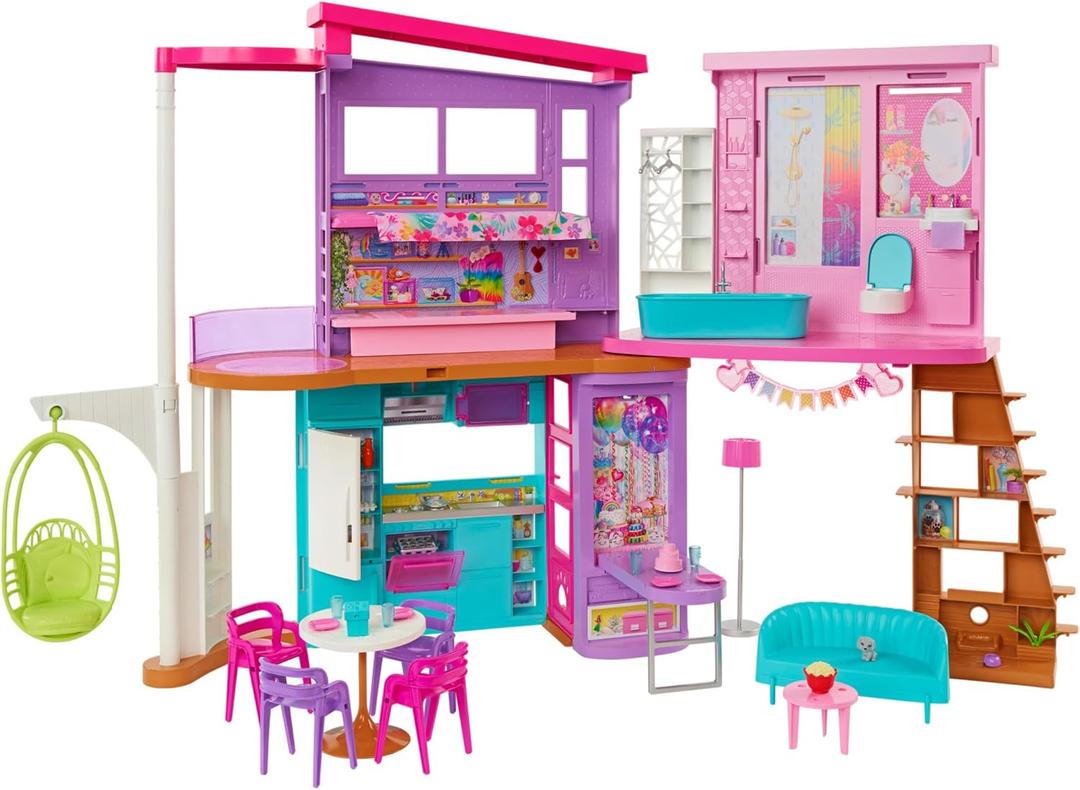 Barbie Vacation House, 2-Storey Fully-Furnished Barbie House with 6 Play Areas, Swing Chair Elevator, 30 Accessories, Fold and Store, Toys for Ages 3 and Up, One Toy House, HCD50