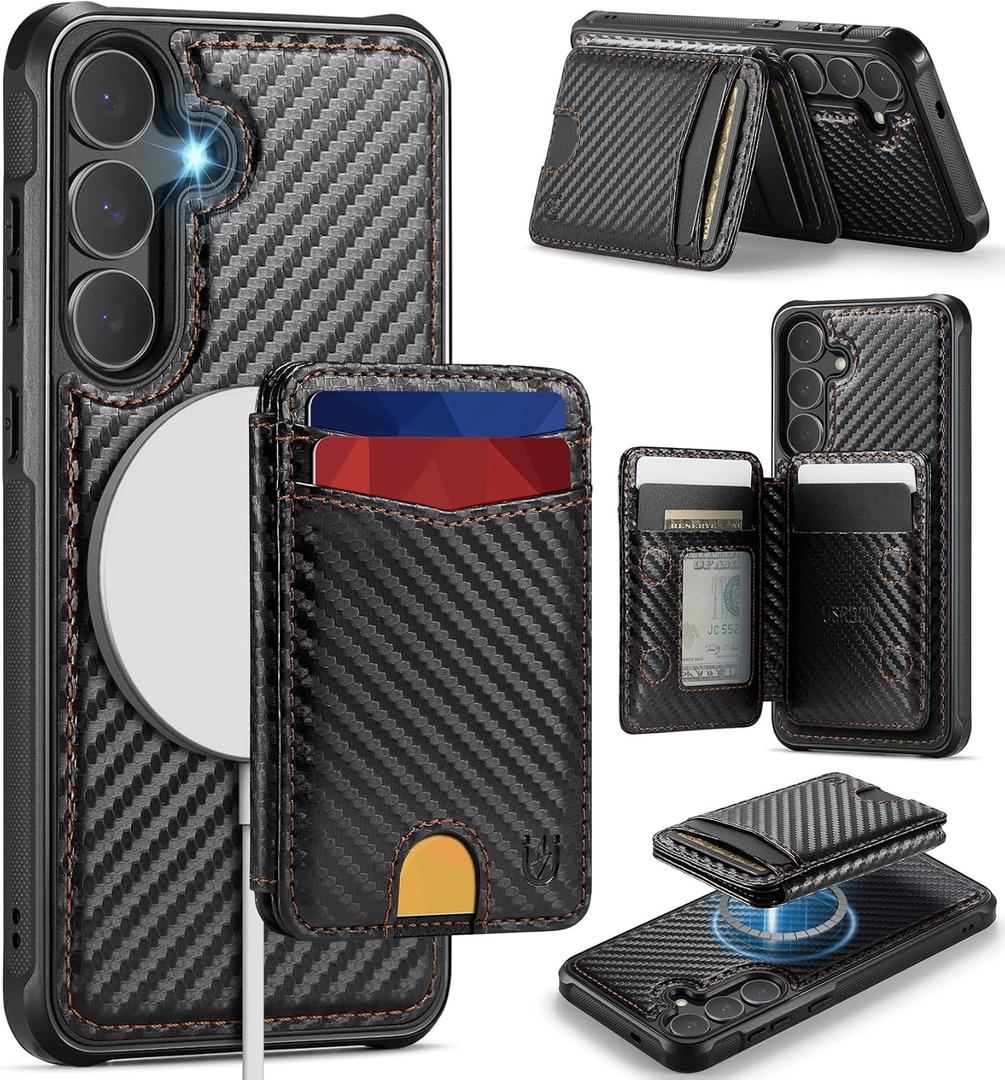 for Samsung Galaxy S25 Case Wallet Compatible with Magsafe, RFID Blocking Magnetic Card Holder 2 in 1 Detachable Kickstand Shockproof Phone Case for Galaxy S25 6.2" Carbon Black