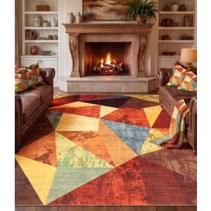 YIHOUSE Brown Area Rug 8x10,Geometric Burnt Orange Area Rug Non Slip,Farmhouse Rugs Washable,Vintage Burgundy Carpets for Bedroom, Boho Rug for Kitchen,Dining Room