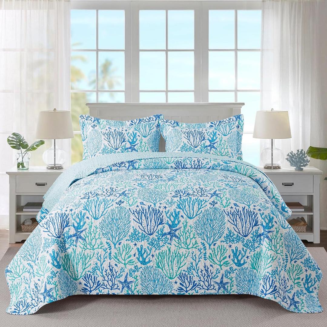 Travan Beach Quilt King Size, Ultra Soft & Fade Resistant Coastal Quilt with 1 Quilt Set and 2 Shams, Light Blue Quilt for All Season, Blue Coral, King