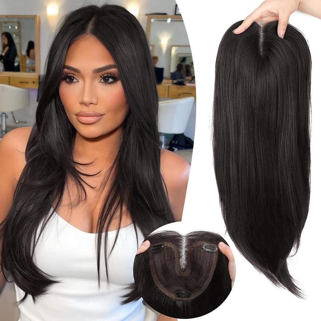 Soft Black Synthetic Hair Toppers for Women with Thinning 5x6 inch Large Base Coverage Clip in Wispy Bangs Upgraded Adjustable Bandage 24 Inch Long Layered