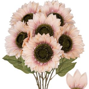 Large Silk Pink Sunflowers Artificial Flowers 26" Long Stem Artificial Sunflower 6 Pcs Tall Fake Sun Flowers Vintage Faux Sunflowers Bulk with Stem for Home Wedding Birthday Party Decor