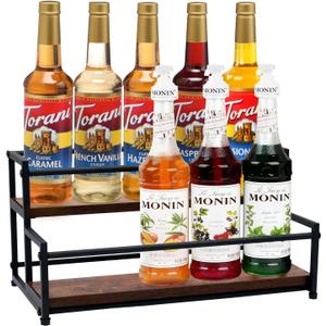 Coffee Syrup Rack Organizer - 2-Tier 10 Syrup Bottles Holder for Coffee Bar, Bottle Display Shelf - Rustic Kitchen Cabinet for Spices, Jars - Stepped Pantry Shelf for, Tea & Bottles
