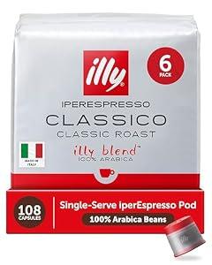 illy Coffee IperEspresso Capsules, Classico Medium Roast Coffee Pods, 100% Arabica, Premium Italian Blend, 18 Count, 6 Pack, BB: 02-01-2027