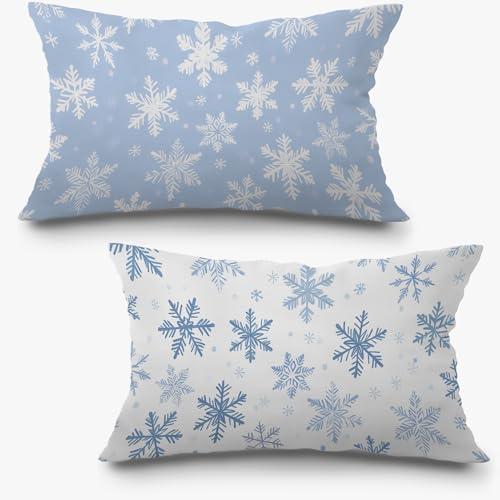 Exqcom Blue Christmas Snowflake Winter Pillow Covers 12x20 Set of 2, Christmas Snowflake Decor, Xmas Winter Holiday Lumbar Pillow Covers for Home Living Room Bedroom Sofa Couch