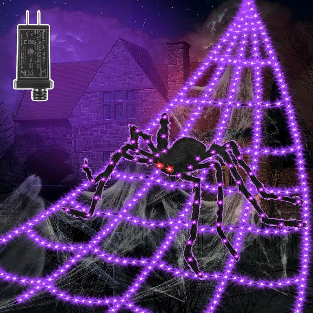 Halloween Decorations Outdoor Spider Web Lights - 16.4Ft Light Up Spider Web with 550 LEDs, Waterproof, 8 Modes Memory Function for Outdoor Yard Halloween Decorations (with Spider) Halloween Decorations Outdoor Spider Web Lights - 16.4Ft Light Up Spider Web with 550 LEDs, Waterproof, 8 Modes Memory Function for Outdoor Yard Halloween Decorations (with Spider)