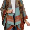 Shawl Wraps for Women, Elegant Knitted Cape Open Front Poncho Scarf Blanket Cardigan Coat for Spring, Autumn, and Winter (Orange Blue 2)